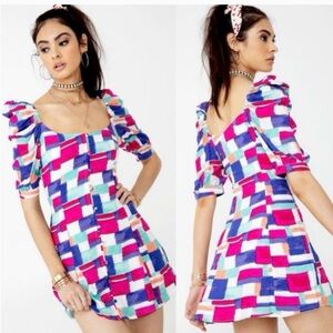 VANESSA MOONEY Colorful Bright Geometric Cherry Dress Size Small GUC